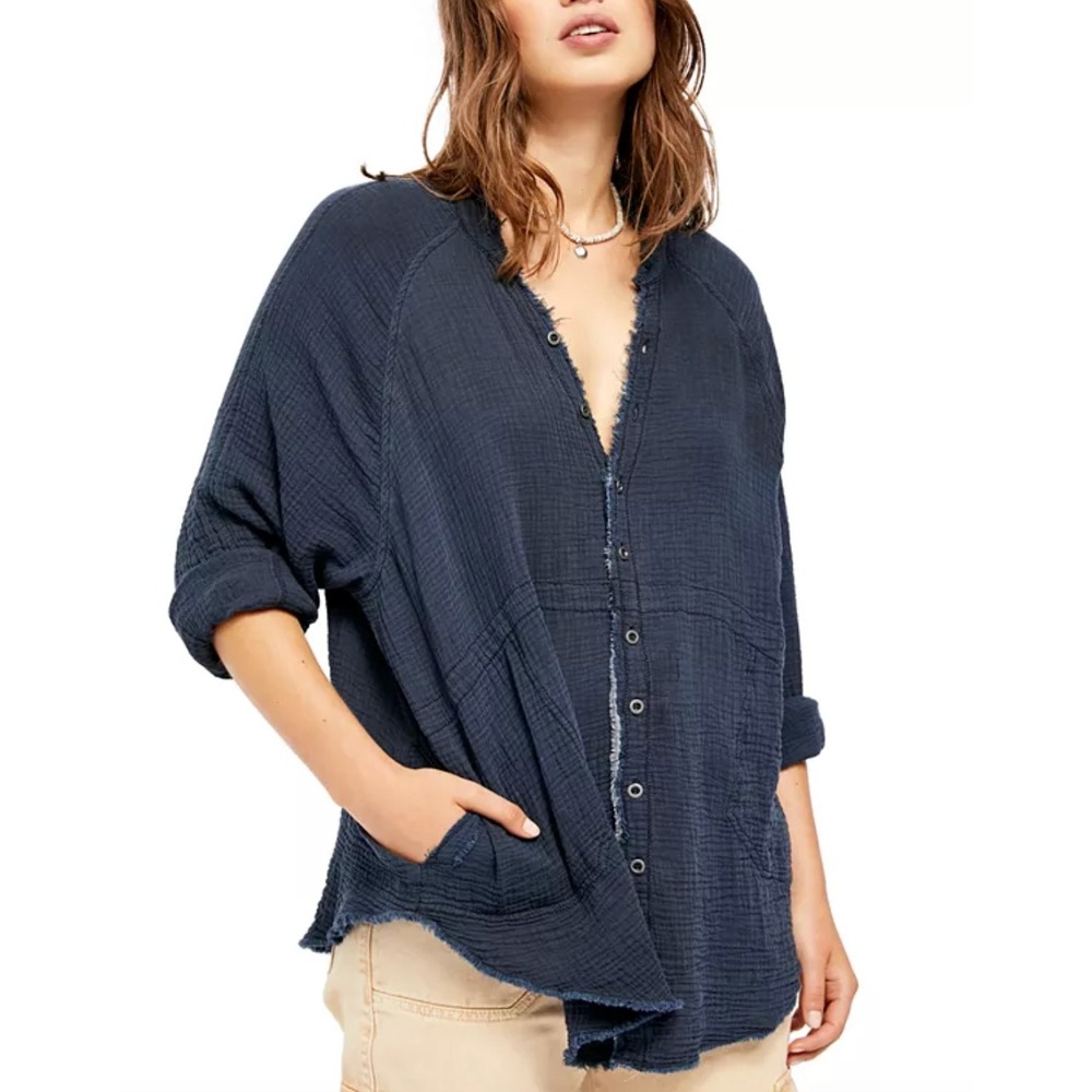 We The Free Top Womens XS Blue Gauzy Lagom Lagenlook Minimalist Boho Rustic - Picture 1 of 7